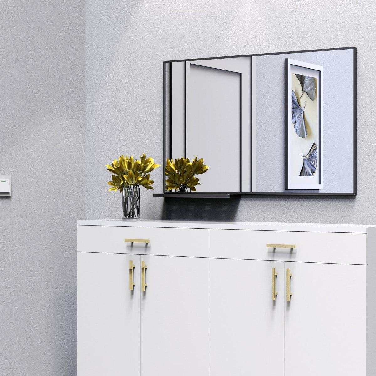 Modern Bathroom Mirror with Storage Rack, Rectangular Black Wall Mirror for Hanging In Bathroom or Living Room (48x30 Inch)