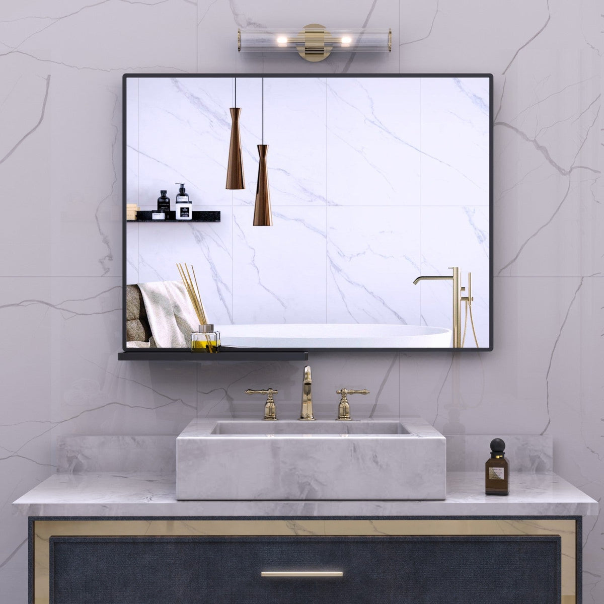 Modern Bathroom Mirror with Storage Rack, Rectangular Black Wall Mirror for Hanging In Bathroom or Living Room (48x30 Inch)