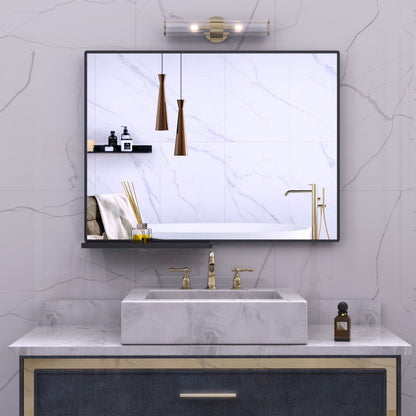 Modern Bathroom Mirror with Storage Rack, Rectangular Black Wall Mirror for Hanging In Bathroom or Living Room (48x30 Inch)