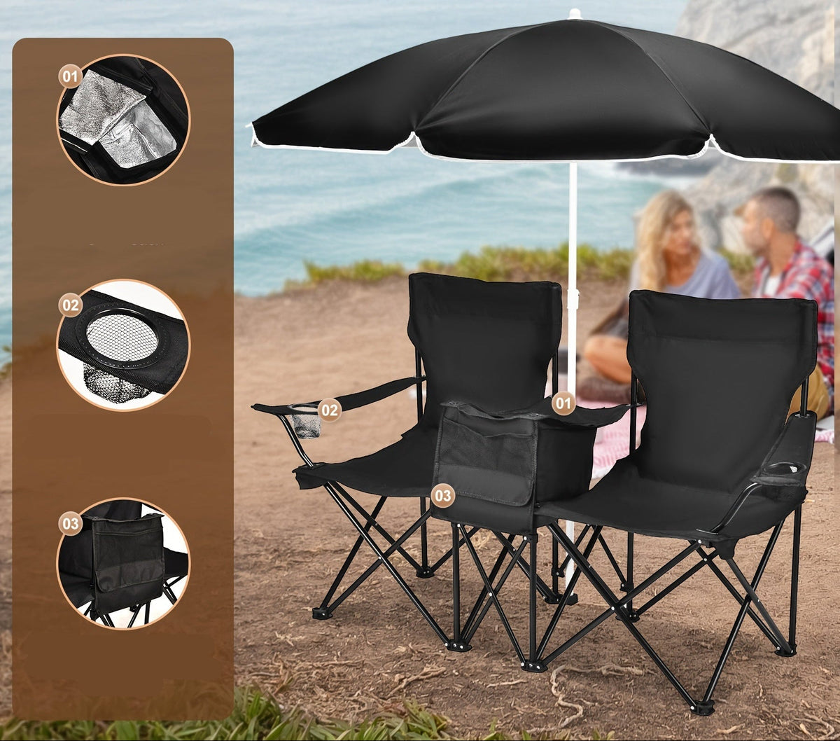 Double Camping Chair with Umbrella and Cooler – Heavy-Duty Folding Outdoor Chair for Beach and Picnic Use
