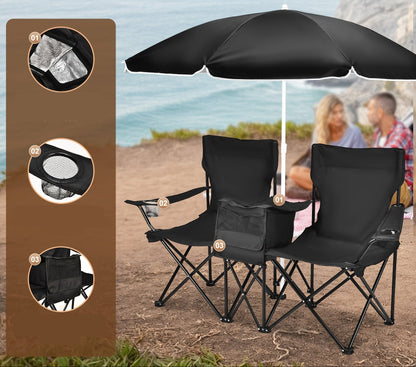 Double Camping Chair with Umbrella and Cooler – Heavy-Duty Folding Outdoor Chair for Beach and Picnic Use