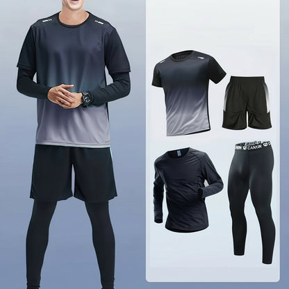 Men’s Four Piece Athletic Set – Gradient Compression Pants, Tee, Shorts & Leggings for Running, Gym Training & Active Performance