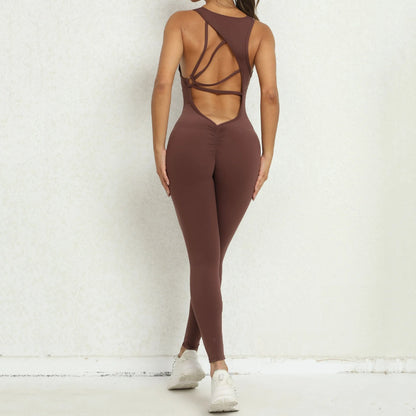 Sporty Sleeveless Women’s Fitness Jumpsuit – V-Shaped Back Design Jumpsuit, Gym-Ready Overalls Set for Yoga, Running & Workout in Bold Colors