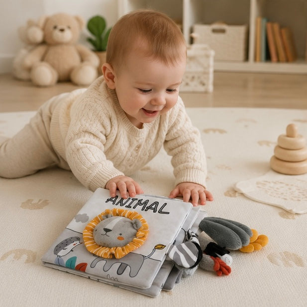 Crinkle Cloth Baby Book - Touch and Feel Sensory Learning Toy for Early Education, Stroller Play and Cognitive Growth