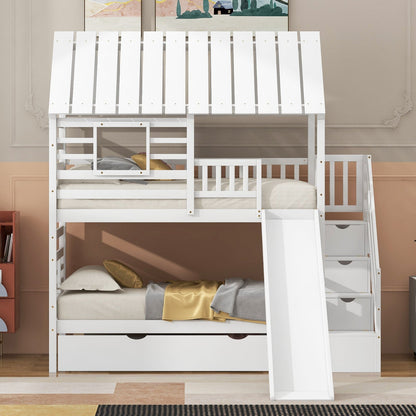 Twin over Twin House Bunk Bed with Roof and Window Design, Trundle, Slide, and Storage Staircase