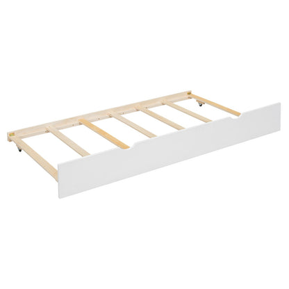 Twin over Twin House Bunk Bed with Roof and Window Design, Trundle, Slide, and Storage Staircase