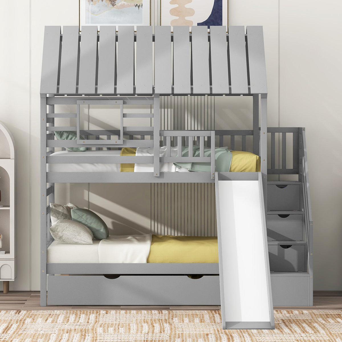 Twin over Twin House Bunk Bed with Roof and Window Design, Trundle, Slide, and Storage Staircase