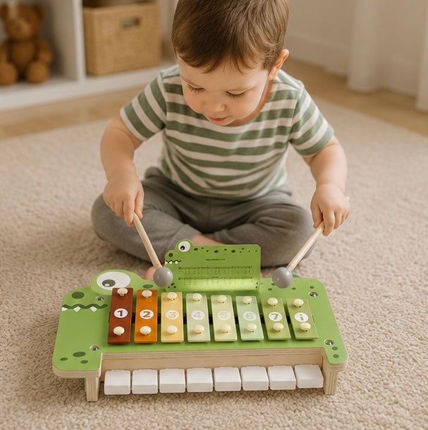 Wooden Crocodile Piano Toy - Musical Percussion Instrument for Preschool Learning, Brain Development and Creative Play