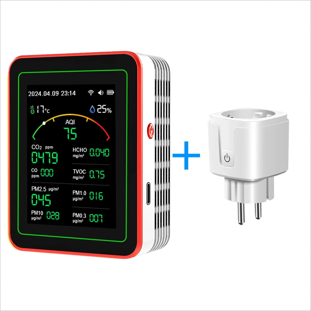 WiFi Air Quality Monitor – 15-in-1 Portable Rechargeable Smart AQI Detector with CO2, PM2.5, TVOC & Mobile App Control