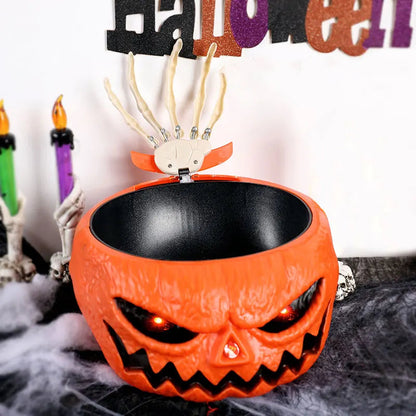 Halloween Animated Candy Bowl – Pumpkin Skeleton Dish with LED Red Eyes, Spooky Sound, and Moving Hand Party Decoration Prop