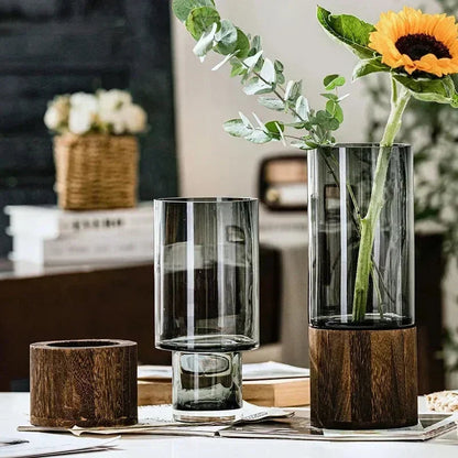 Minimalist Glass Vase with Wooden Base – Elegant Hydroponic Planter for Modern Home Décor