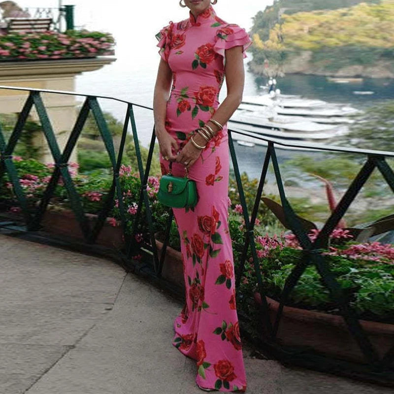 Asymmetrical Printed Turtleneck Long Dress – Women’s Fall/Winter Maxi Fashion, Full Sleeves, Chic Style for Modern Elegance