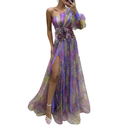 Mesh Tie Dye One-Shoulder Ball Gown with Slit – Floral Mesh Bubble Sleeve Split Evening Dress for Glamorous Events