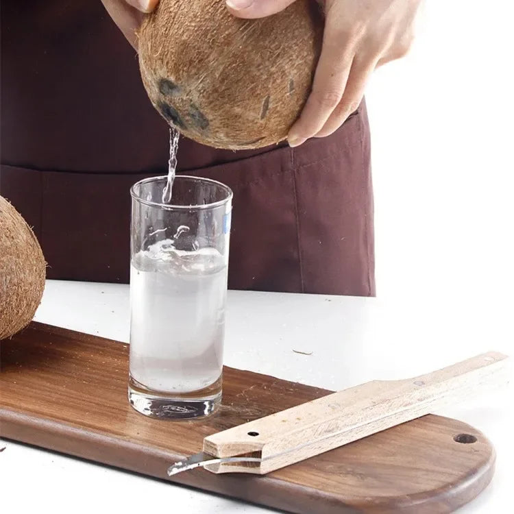 Multifunctional Coconut Knife & Fruit Opener – Stainless Steel Coconut Shell Cutter with Wooden Handle for Safe, Easy Kitchen Food Preparation