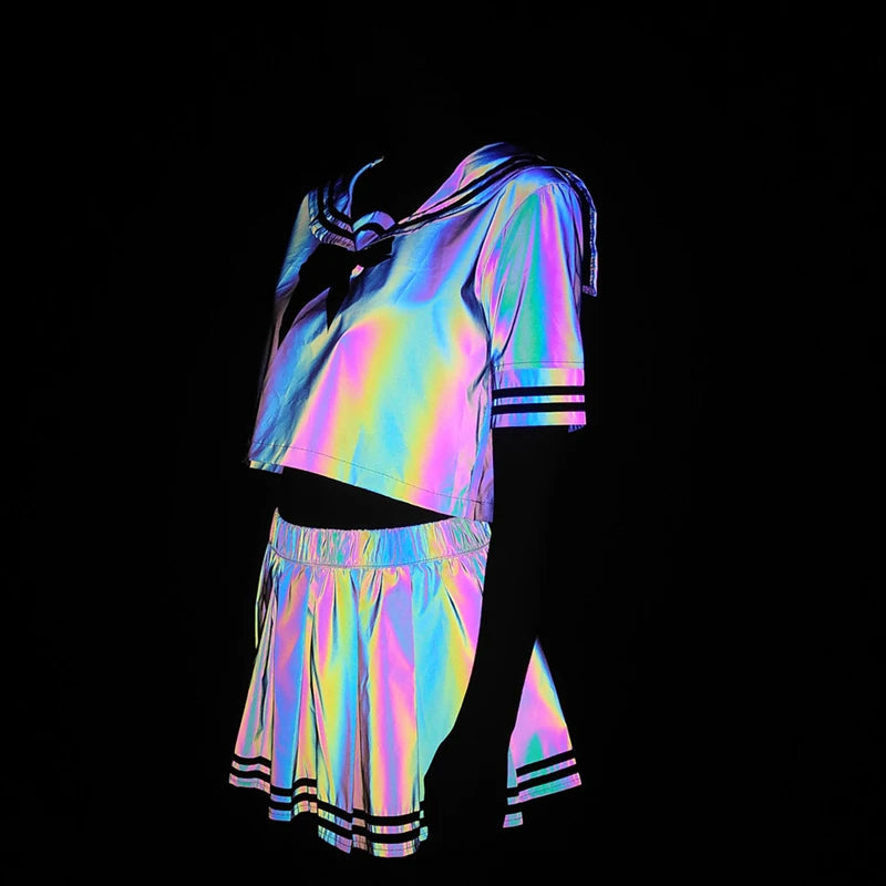 Sexy Colorful Reflective Pleated Two Piece Set – Women’s Blouse and Skirt Outfit with Kawaii Style, Trendy Streetwear Party Fashion Ensemble