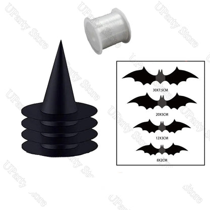 Halloween Hanging Witches Hats – Bulk Black Wizard Hats with Rope for Outdoor Porch Party Decoration and Favors