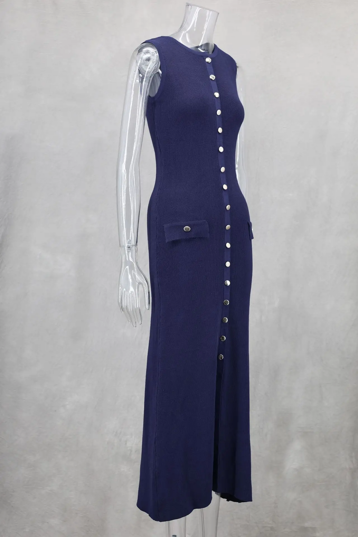 High Slit Knitted Maxi Dress for Women – Apricot Sleeveless Button Detail Bodycon Party Winter Dress