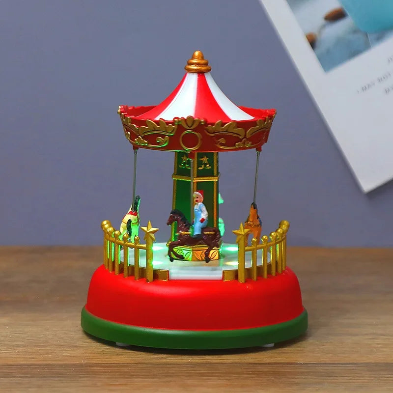 Christmas Popcorn Scene Music Gift Box – Rotating Santa Village Tabletop Decoration with Lights, Holiday Display Ornament for Kids & Home