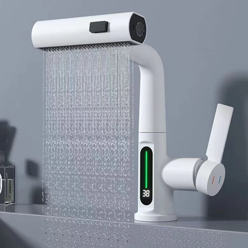 Waterfall Pull-Out Faucet with Intelligent Digital Temperature Display – Battery-Free Rainfall Kitchen & Bathroom Tap for Elegant, Smart Flow Control