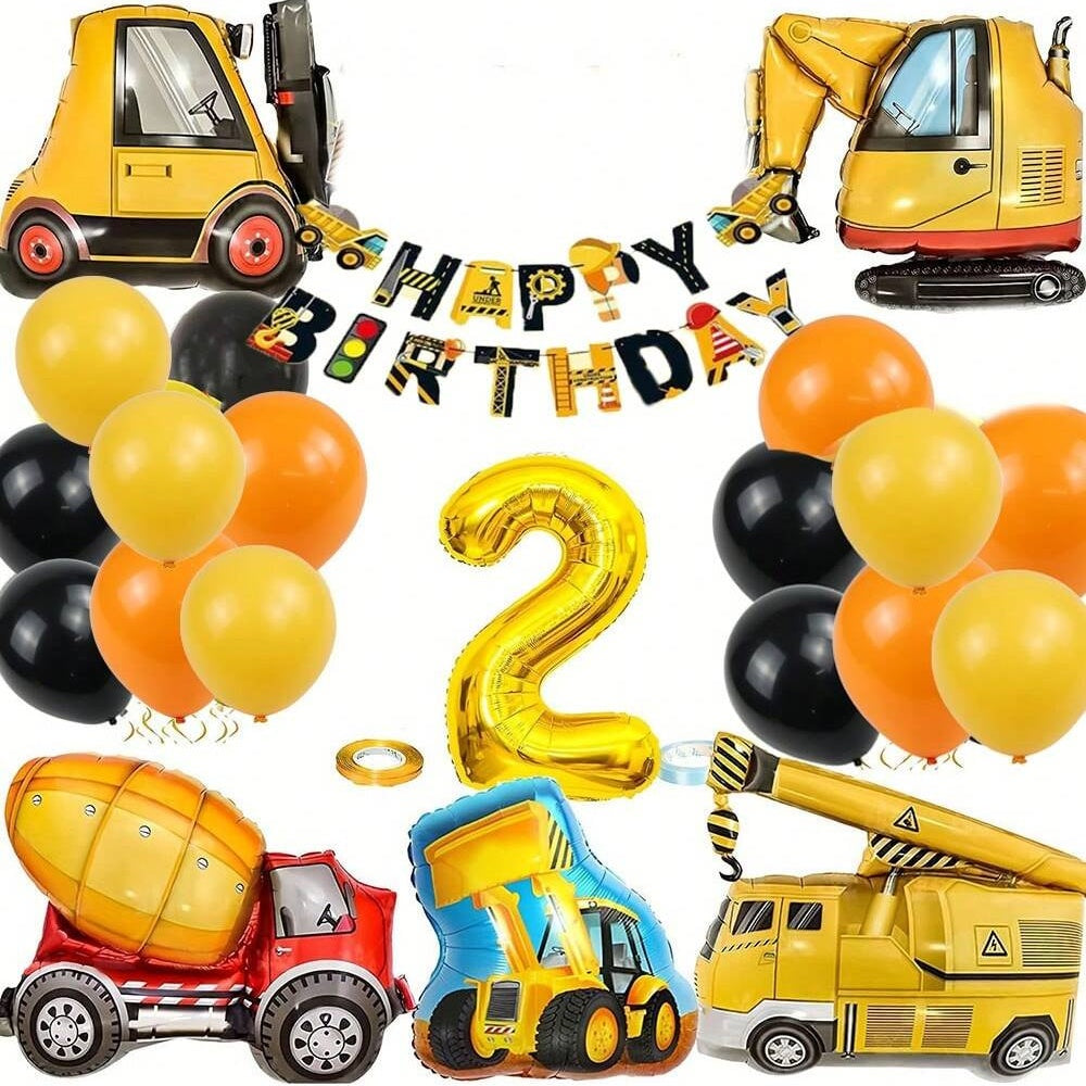Construction Vehicle Balloon Set – Birthday Party Decor Featuring Excavator, Fire Truck & Tractor Theme Designs