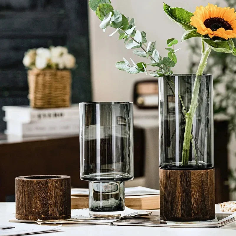 Minimalist Glass Vase with Wooden Base – Elegant Hydroponic Planter for Modern Home Décor