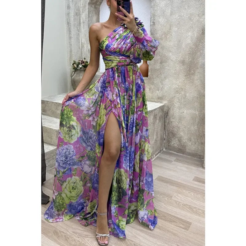 Off Shoulder Slit Dress Women - Long Sleeve Waist Tie Holiday Party Dress, Elegant Printed Fashion Outfit for Evening and Casual Wear