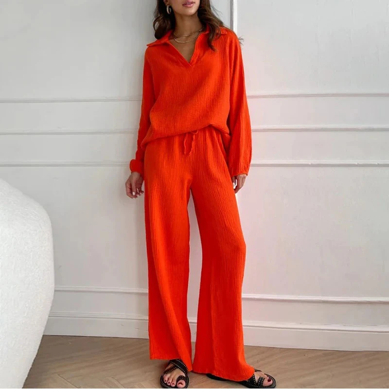 Solid Shirt & Wide-Leg Pants Set – Summer Vintage Streetwear for Women, Button-Down Blouse & Elegant Trousers