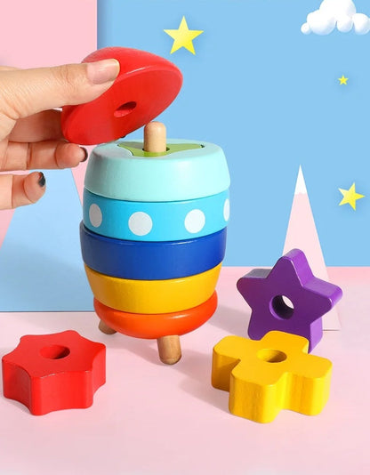 Rocket Tower Wooden Blocks Game – Montessori-Inspired Color & Shape Stacking Toy for Kids’ Cognitive Learning and Fine Motor Development