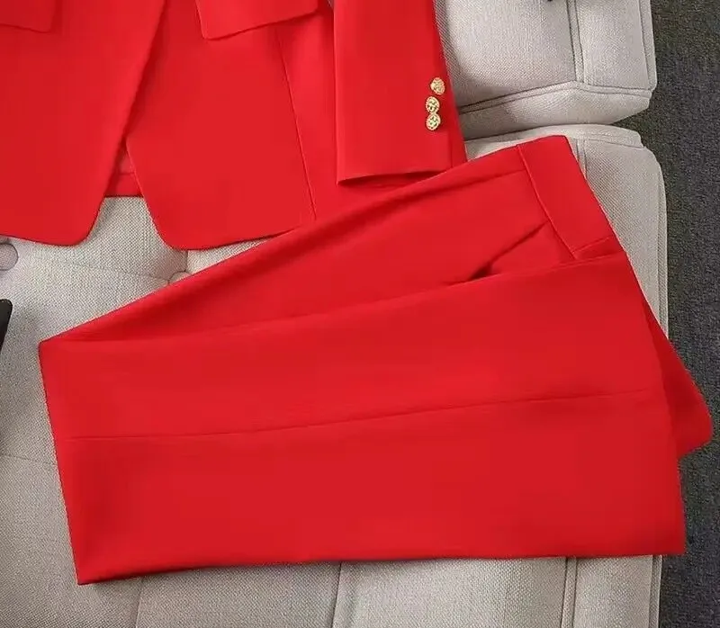 Women's Pant Suit – Double Breasted Business Blazer Set, Gold Buttons – Blazer, Pants or Skirt