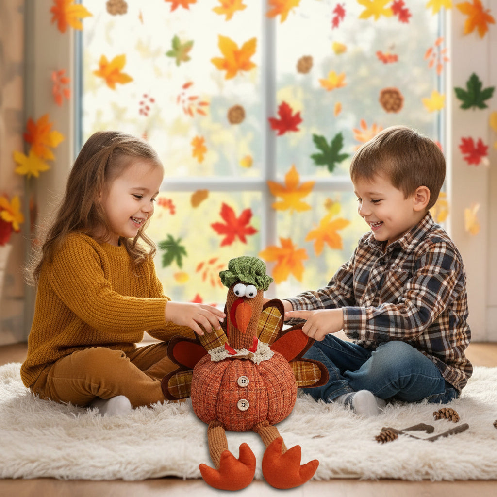 Thanksgiving Plush Turkey Gnome – Poseable Fall Tiered Tray Figurine for Autumn, Harvest & Home Festival Decor