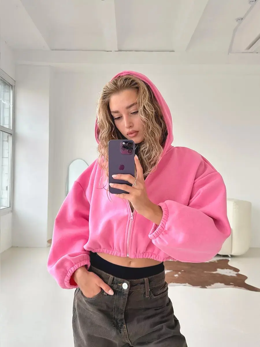 Trendy Y2K Cropped Hoodie Jacket – Zip-Up Loose-Fit Sweatshirt for Fall Street-Style Vibes