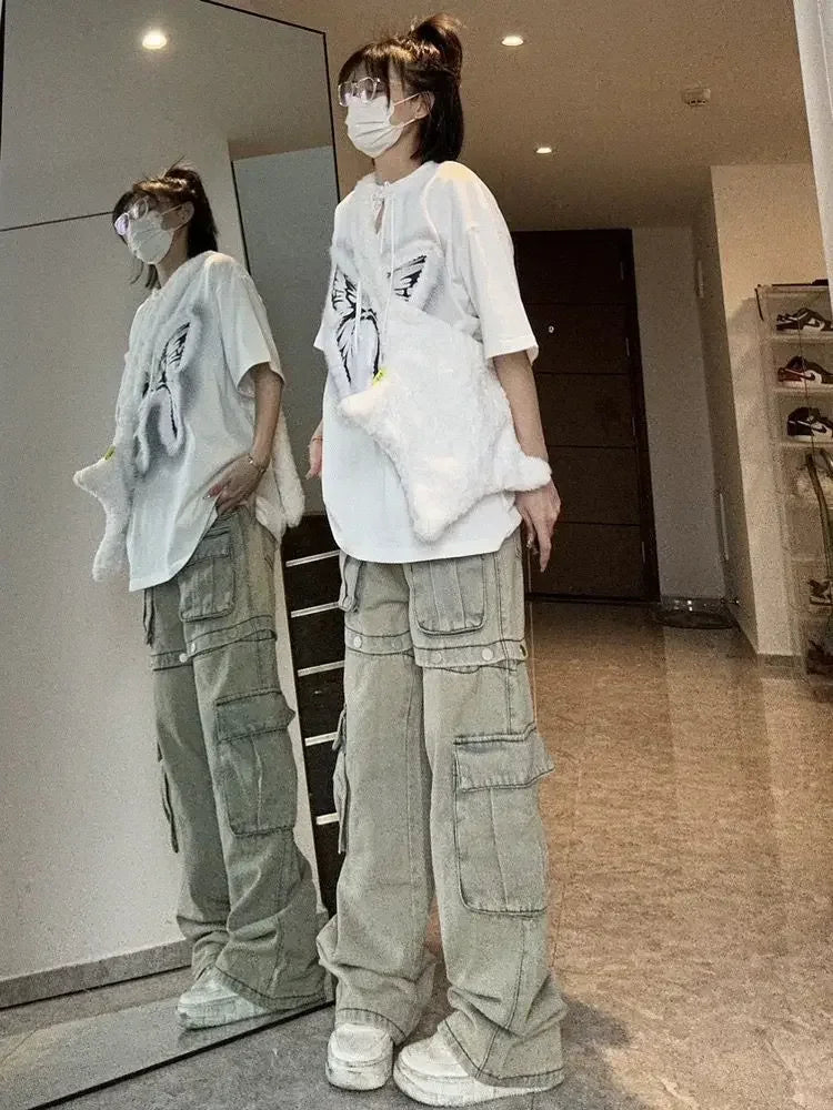 Gothic High-Waist Straight Jeans – Retro American Detachable Design Denim Pants for Women’s Streetwear Fashion