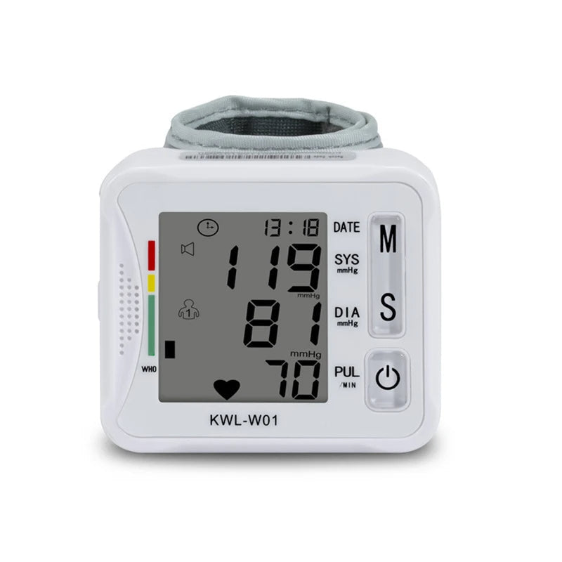 Wrist Blood Pressure Monitor – Adjustable LCD Display, Heart Rate & Irregular Beat Alert, Compact Battery-Operated Health Device