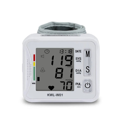 Wrist Blood Pressure Monitor – Adjustable LCD Display, Heart Rate & Irregular Beat Alert, Compact Battery-Operated Health Device