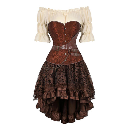 Women’s Pirate Corset Dress – Plus Size Brown Faux Leather Steampunk Costume with Off-Shoulder Blouse for Halloween Party Cosplay