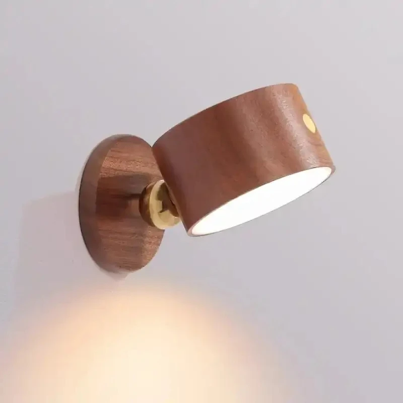Wooden LED Bedside Reading Lamp – 360° Rotating Touch-Control Night Light, USB Rechargeable, Dimmable, Wall Mountable for Stylish Bedside Glow