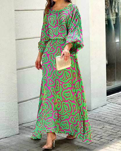 Floral Vacation Dress Set – 2-Piece Maxi Skirt & Blouse with Big Swing Hem for Summer Holiday Style