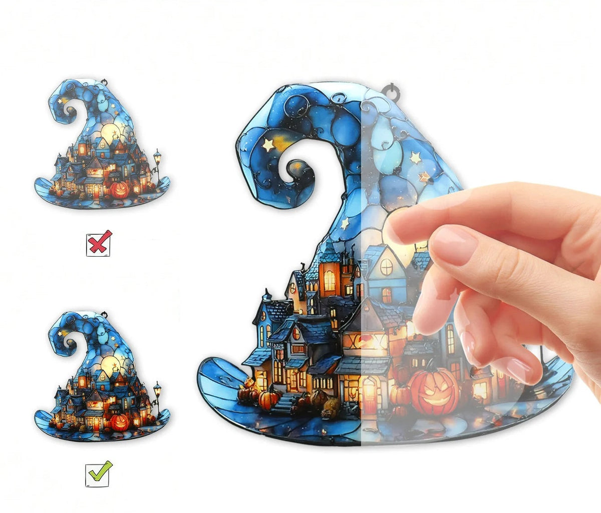 Halloween Witch Hat Hanging Decoration – Acrylic Pumpkin Town Window Pendant Ornament for Bedroom, Living Room, Home, and Party Décor