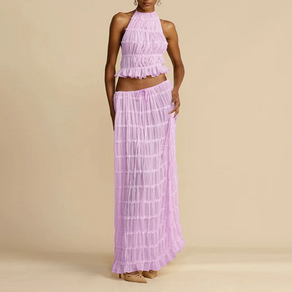 Sexy Two-Piece Hollow Out Set Dress – Backless Lace-Up Crop Top & Long Skirt for Beach & Club Vibes