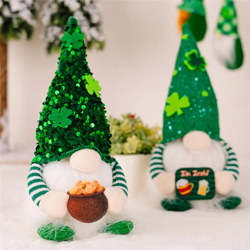 Glowing Gnome Elf Shamrock Figurines – Radiant St. Patrick's Day Home Accents for Festive Living Room Decor, Single or Double Pack