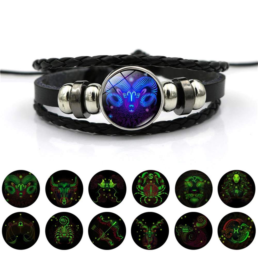 Handwoven Zodiac Leather Charm Bracelet – 12 Constellation Signs, Vintage Couple Gift for Women & Astrology Lovers