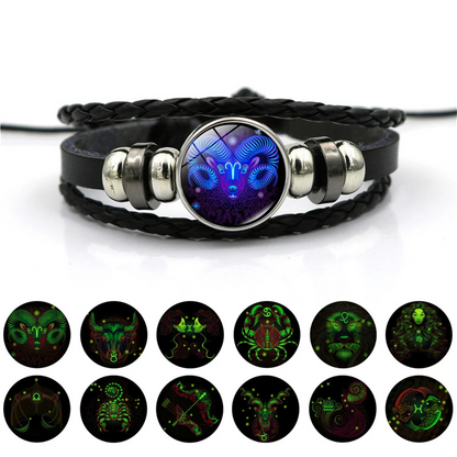 Handwoven Zodiac Leather Charm Bracelet – 12 Constellation Signs, Vintage Couple Gift for Women & Astrology Lovers