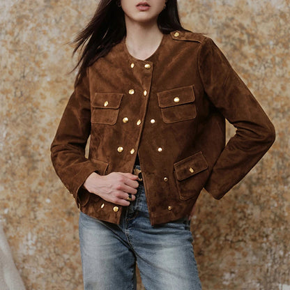 Snap Down Vintage Suede Short Coat – Slim Fit Double-Breasted Jacket with Gold Buttons for Autumn Elegance