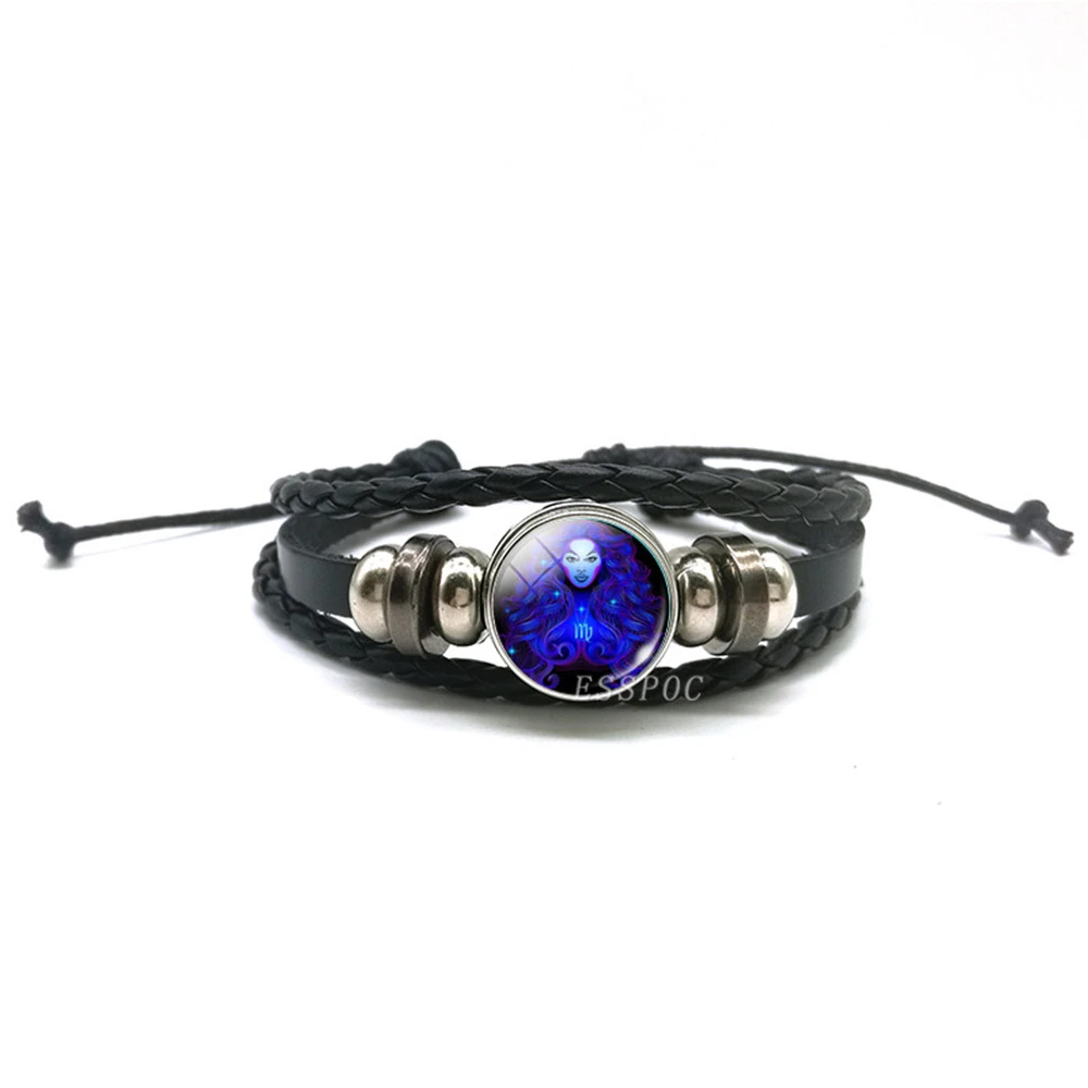 Handwoven Zodiac Leather Charm Bracelet – 12 Constellation Signs, Vintage Couple Gift for Women & Astrology Lovers