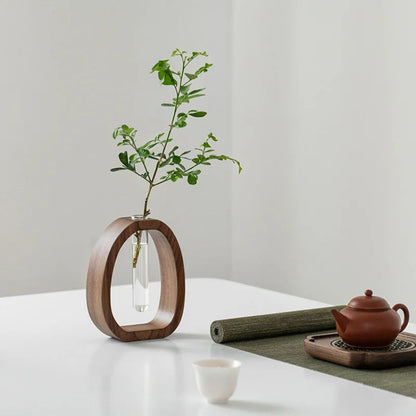 Mini Wood & Glass Flower Vase – Elegant Tabletop Flower Arrangement Pot for Water-Grown Plants and Decorative Styling
