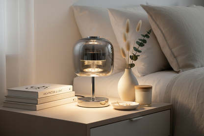 Nordic Smoke Gray Glass Table Lamp – High Transparency Decorative Bedside Lamp for Living Room and Club Decor
