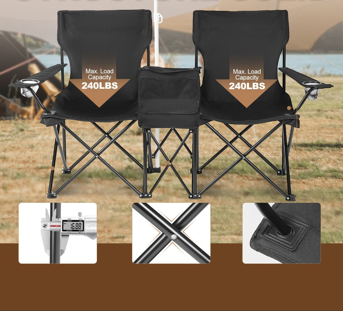 Double Camping Chair with Umbrella and Cooler – Heavy-Duty Folding Outdoor Chair for Beach and Picnic Use
