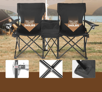 Double Camping Chair with Umbrella and Cooler – Heavy-Duty Folding Outdoor Chair for Beach and Picnic Use