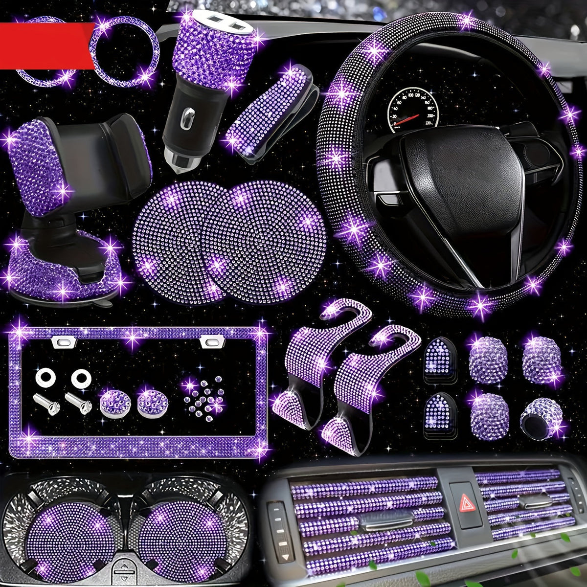 Bling Interior Set for Women with Rhinestone - 27pcs. Luxury Car Accessories for Steering Cover, Crystal Push Start Ring and Gear Trim