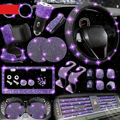 Bling Interior Set for Women with Rhinestone - 27pcs. Luxury Car Accessories for Steering Cover, Crystal Push Start Ring and Gear Trim